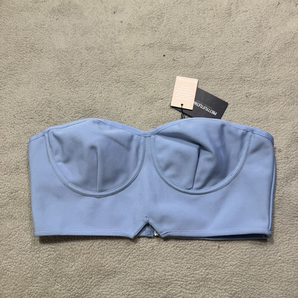 Pretty Little Thing Crop Top Womens 14 Shape Dusty Blue Bandage Cup Detail NEW